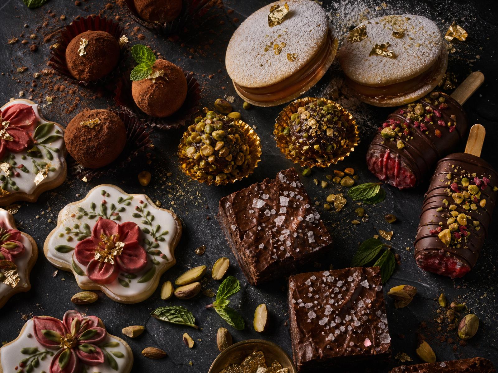 Collage de dulces gourmet: brigadeiros, trufas, alfajores y paletas